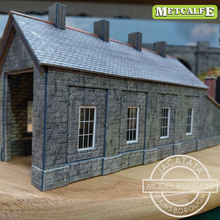 Load image into Gallery viewer, Metcalfe - Constructed - Single Track Engine Shed - Lighting and Weathering - Stone and Brick Effect - Card Construction Kit Built - OO/HO Gauge