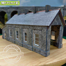 Load image into Gallery viewer, Metcalfe - Constructed - Single Track Engine Shed - Lighting and Weathering - Stone and Brick Effect - Card Construction Kit Built - OO/HO Gauge
