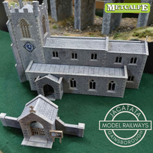 Load image into Gallery viewer, Metcalfe - Constructed - Gothic Parish Church and Lychgate - Stone Effect - St. Michaels Church - Card Construction Kit Built - OO/HO Gauge
