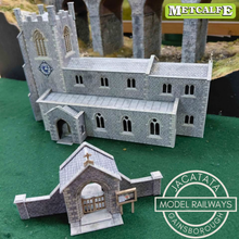 Load image into Gallery viewer, Metcalfe - Constructed - Gothic Parish Church and Lychgate - Stone Effect - St. Michaels Church - Card Construction Kit Built - OO/HO Gauge
