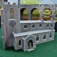 Load image into Gallery viewer, Metcalfe - Constructed - Gothic Parish Church and Lychgate - Stone Effect - St. Michaels Church - Card Construction Kit Built - OO/HO Gauge
