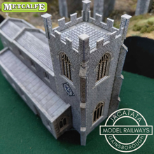 Load image into Gallery viewer, Metcalfe - Constructed - Gothic Parish Church and Lychgate - Stone Effect - St. Michaels Church - Card Construction Kit Built - OO/HO Gauge
